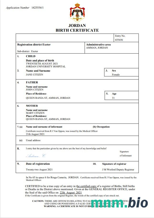 Jordan narodziny certyfikat Word i PDF szablon